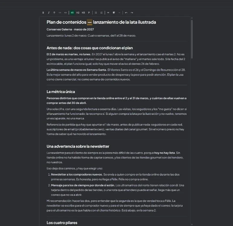 Plan de contenidos de un cliente abierto en el editor de documentos de MIAU
