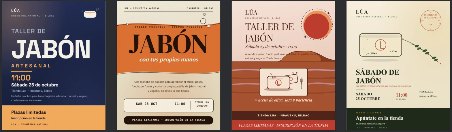 Cuatro versiones del cartel «Taller de jabón» de Lúa, una al lado de otra