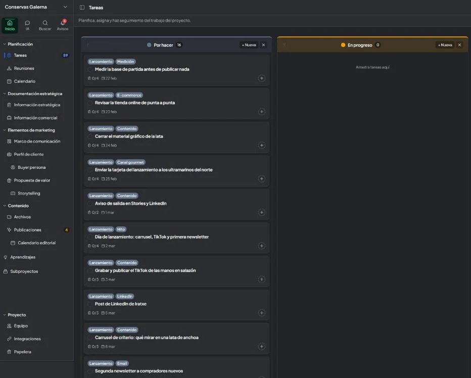 Tablero de tareas de MIAU de un cliente, con columnas, etiquetas y fechas